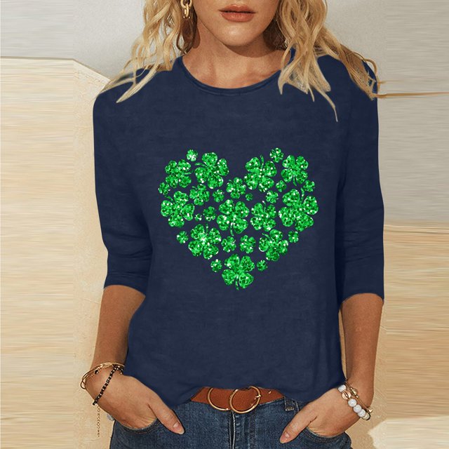 T-Shirt Ample à Manches Trois-Quarts et Col Rond Imprimé pour la Saint-Patrick pour Femmes