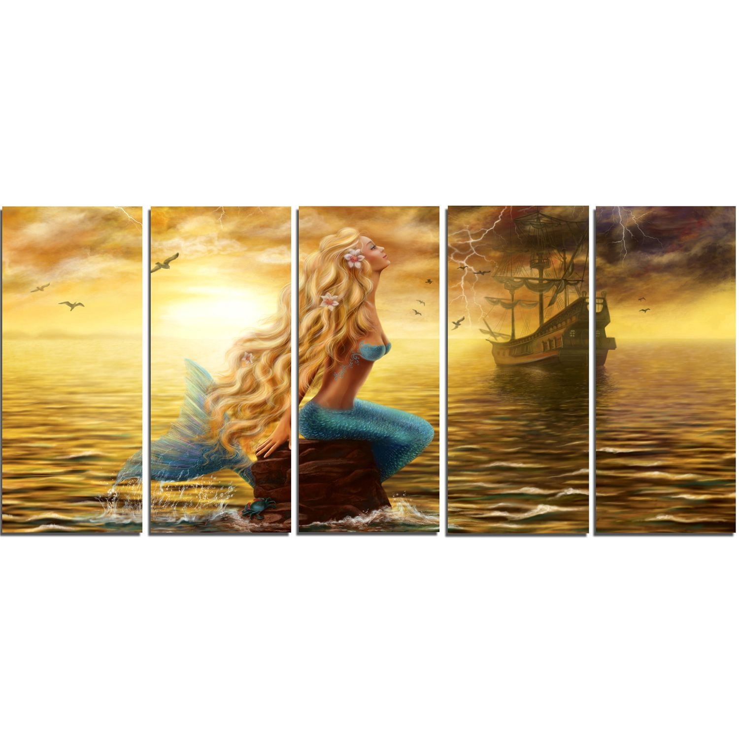 Design Art Sea Mermaid with Ghost Ship Seascape Digital Canvas Print