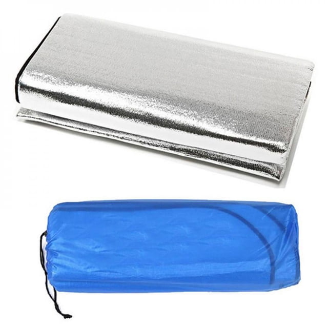 Foldable Sleeping Mat Pad Waterproof Aluminum Foil EVA Outdoor Camping Mat Inflatable Mattress shown in a folded state with a reflective silver surface. Includes a blue drawstring carry bag for easy storage and portability. Made from durable aluminum foil and EVA material, it is double-sided waterproof and suitable for camping, picnics, or outdoor use. Available in sizes S, M, and L.