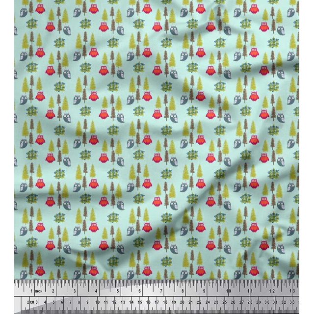 Soimoi Moss Georgette Fabric Text,Tree & Owl Cartoon Print Sewing Fabric Yard 42 Inch Wide