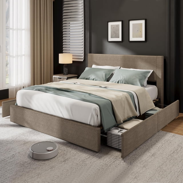 BeesClover Bed Frame with Tufted Wingback Headboard, featuring a beige corduroy upholstered design with four spacious storage drawers and sturdy wooden slats for mattress support. The bed frame is shown in a modern bedroom setting with a dark accent wall, framed artwork, and natural light from a window. The drawers are partially open, revealing organized storage for bedding and other items.