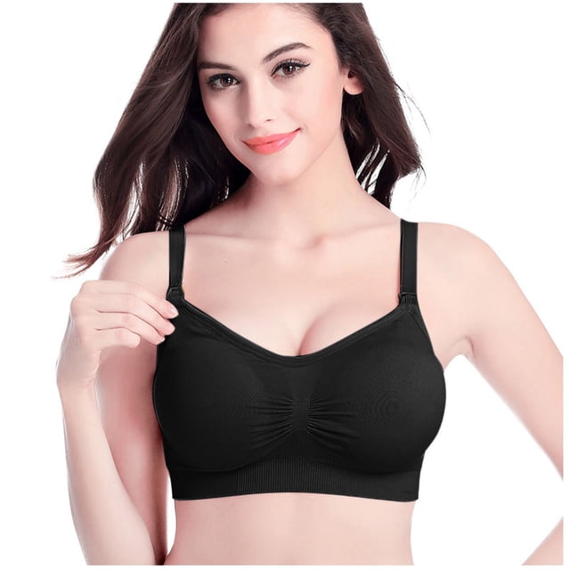 Pregnant Women's Plain Color Bra Maternity Nursing Bras Vest Tops in black, designed for maternity and nursing use. Features a crossover design for easy baby feeding, thin padded cups, and adjustable straps for comfort and support. Ideal for maternity intimates.