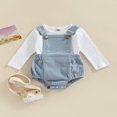 thumbnail image 3 of Baby 2PCS Spring Romper Suit  Long Sleeve Plain Ribbed Crew Tops+ Buckle Shoulder Straps Snap Triangle Suspender Romper, 3 of 7