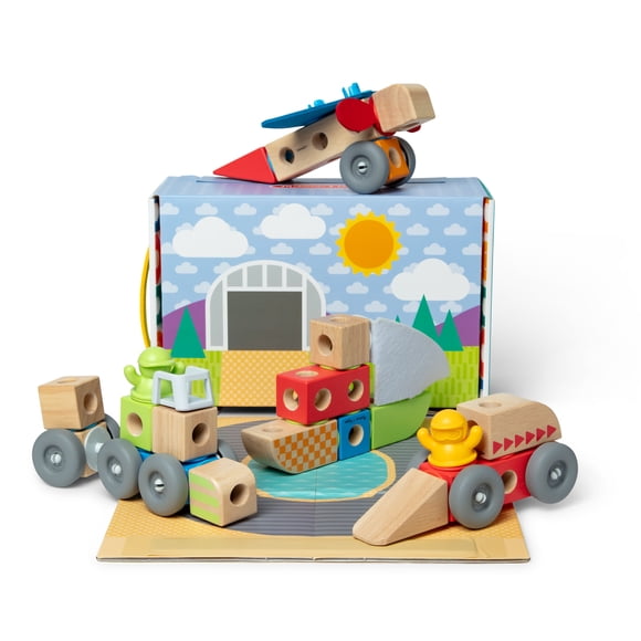 Melissa & Doug Blockables™ Vehicles Snap and Play, Mix and Match Connectable Wooden Building Blocks Toy for Preschool Boys And Girls 2+ (54 Pcs)