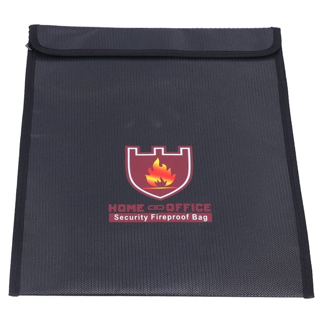 Fireproof Pouch, a black fireproof and waterproof bag made of silicone-coated flame-retardant glass fiber and aluminum foil, designed to withstand temperatures up to 1000°C. Features a zipper and buckle for double safety, suitable for storing valuables like documents, cash, jewelry, and batteries. Portable and foldable, ideal for fireproof document storage at home and office.