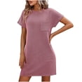 thumbnail image 2 of Pisexur Robes pour Femmes à Manches Courtes, Col Rond, Robe Midi Décontractée Ample à Rayures, Robe Soleil d'Été Confortable Évasée, Mini-Robe, Robes T-Shirt Basiques avec Poche, Robe en Coton et Lin pour Femmes 2024, 2 of 7