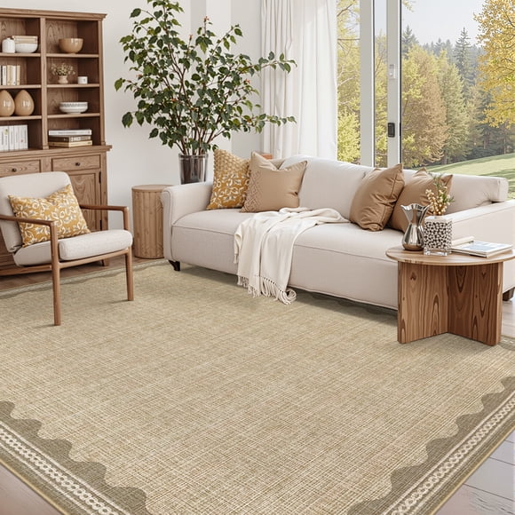 HOMERRY 5' x 7' Modern Scalloped Pattern Geometric Border Area Rug for Living Room Non Slip Washable Carpet, Light Brown