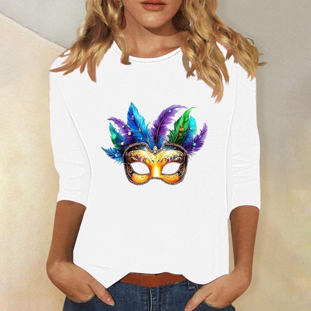 Hauts pour Femmes Manches 3/4 Imprimé Carnaval Décontracté Col Rond Manches Trois-Quarts T-shirt Ample Blanc TTG