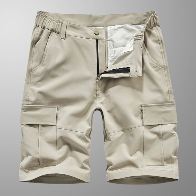 Mens Shorts Men Casual Solid Zipper Button Pockets Elastic Waist Cropped Cargo Shorts