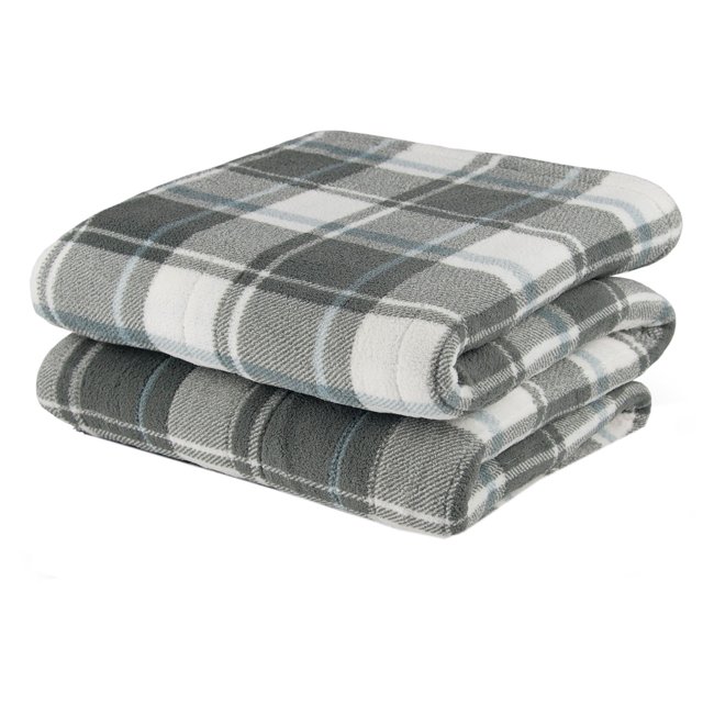 Pure Warmth Microplush Electric Heated Warming Throw Blanket Grey Blue Cream Plaid