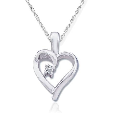 Diamond Solitaire Heart Pendant 14K White Gold With 18" Chain, a diamond necklace featuring a delicate heart-shaped design in solid 14K white gold. A single round-cut natural diamond is prong set at the center. Includes an 18-inch solid gold chain with a spring ring clasp.