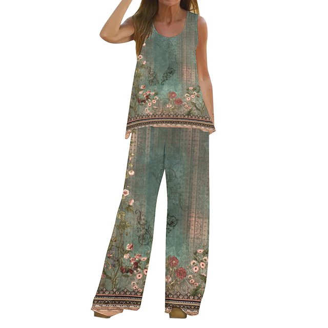 Mikilon Ensemble Élégant pour Femmes 2 Pcs Débardeur Imprimé Décontracté Sans Manches Col Rond Vert Armée S