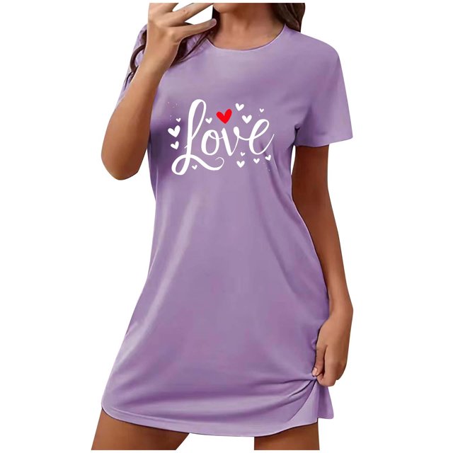 Amzcrzy Pyjamas pour Femmes Mode Imprimé Cœur Valentines Day Robe Décontractée Confortable à Manches Courtes Chemises de Nuit pour Femmes Valentines Day Cadeaux
