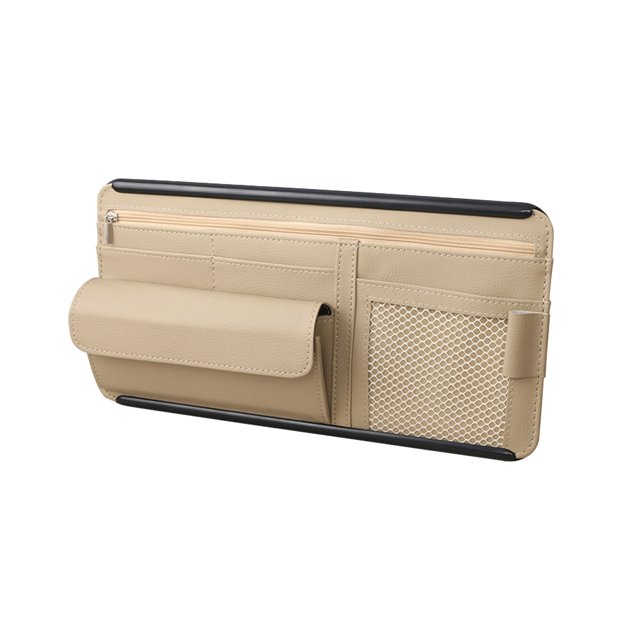 Beige Car Windshield Sunshade Glasses Storage Organizer With Leather Card Holder And Receipt Clip Multifunctional Car Accessory 12.20 X 6.69 Inches 0.53 Lbs