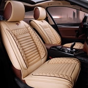 Maidao Car Seat Covers Leather Set for Nissan for Frontier/Datsun/NP300/Hardbody/Winner/Skystar/Xciter 1997-Present 5 Seats Compatible Airbag Waterproof Front Rear Cushion Protector Beige