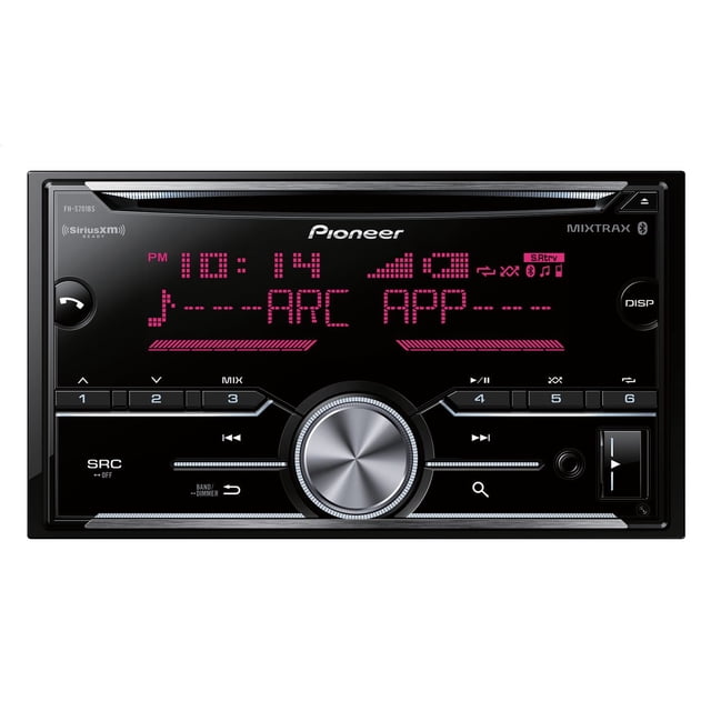Pioneer FH-S701BS Double DIN CD Receiver with black rectangular faceplate, central silver volume knob, pink digital display showing 'ARC APP' and 10:14 PM, playback and source buttons, SiriusXM ready and Bluetooth icons, designed for car stereo and auto electronics use.