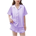 thumbnail image 1 of BLVB Girls Pajamas Satin Pajama Set Silk Pjs Short Sleeve Button down Shirts Summer Ruffle Sleepwear for Big Kids 5-15Y, 1 of 6