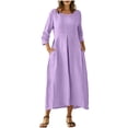 thumbnail image 4 of Pisexur Robes en Coton et Lin pour Femmes Décontractées Unies à Boutons Longues Robes Mode Col Rond Manches 3/4 Robe Maxi Fluide pour Quotidien, Travail, Plage P-2TG, Violet, 4 of 9