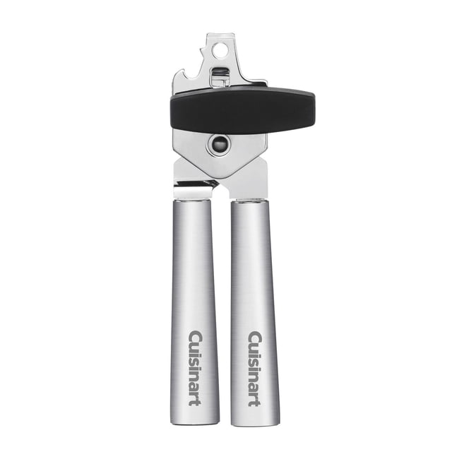 Cuisinart Fusion Pro Stainless Steel Can Opener with brushed stainless steel handles featuring the Cuisinart logo and a black nylon turning knob, designed as a durable, rust-resistant kitchen utensil for smooth can opening.