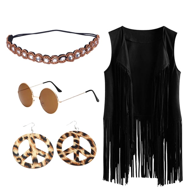 Kcodviy Ensembles 4 Pcs Femmes Automne Tenues Femmes Automne Hiver Ethnique Sans Manches à Franges Cardigans Décontractés Gilet à Franges Cardigan Gilet Cardigan Transparent pour Femmes Bandeau Lunettes Boucles d'Oreilles