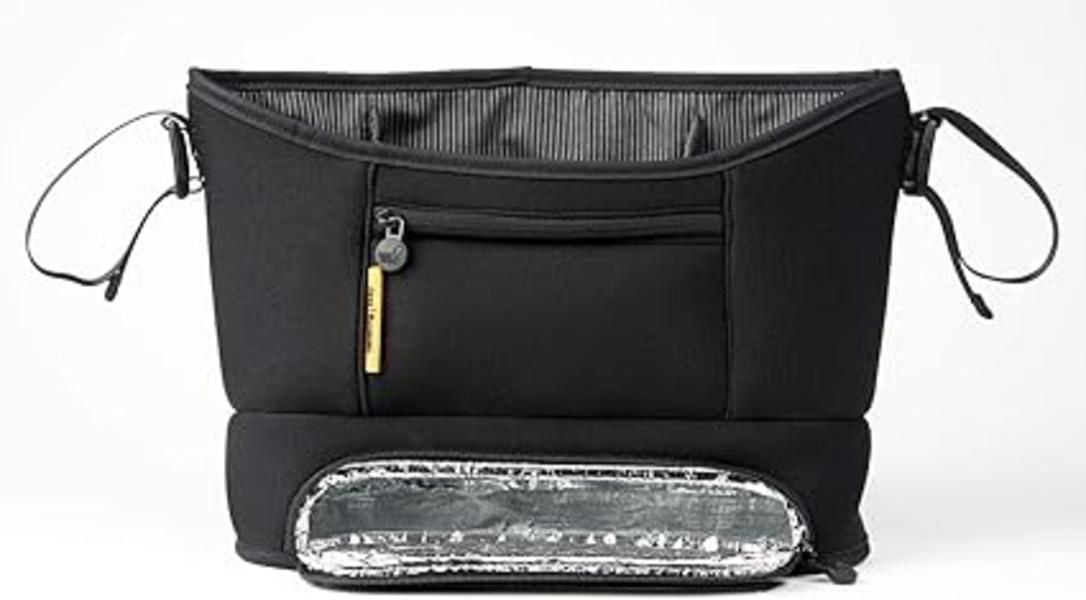 Bababing Stroller Caddy Organizer - Black - Compatible with All Strollers - Quick Attach with Adjustable Clips - Holds 2 Bottles, Large Central Pouch for Snacks, Phones, Essentials - Secure Zip Pocket