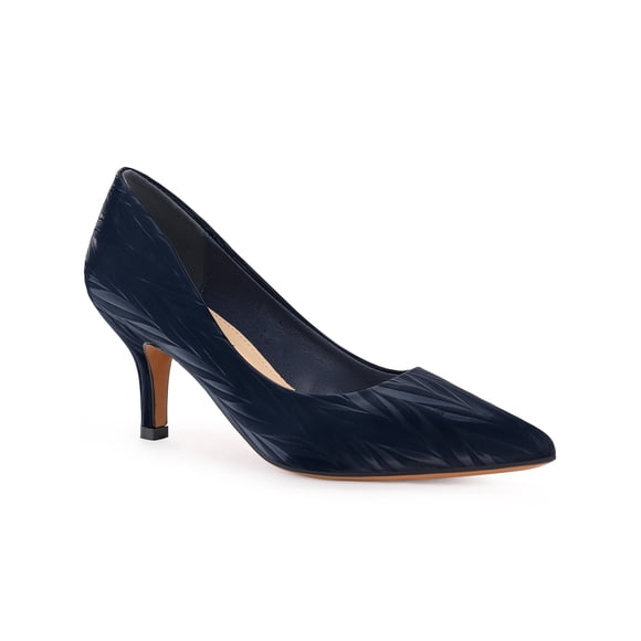 BLISSFUL STEP Women Pointed Toe Leaves Print Slip on Kitten Heel Pumps Navy Blue 9.5