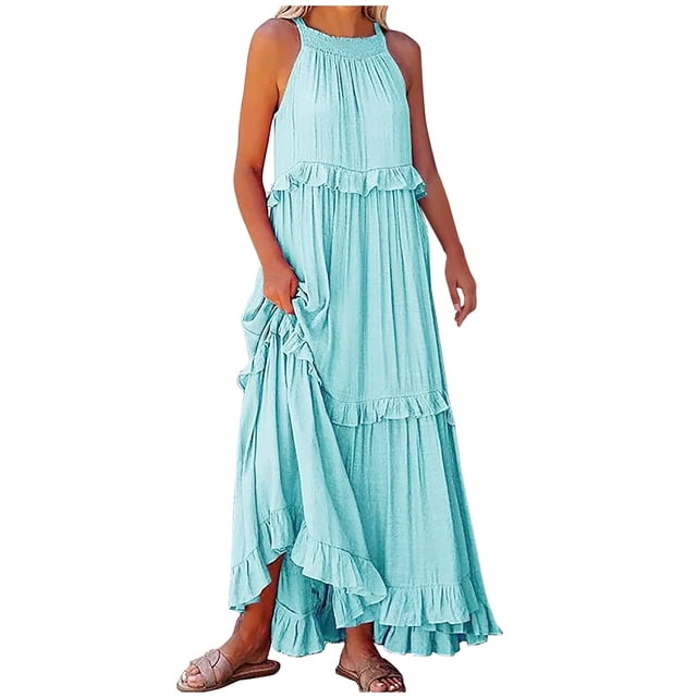 fatyb Robe d'Été 2025 pour Femmes Sans Manches à Volants à Étages Robe Maxi Fluide Décontractée Longue pour la Plage