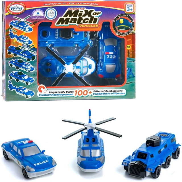Popular Playthings Magnetic Mix or Match Police Vehicles for ages 3 and up. This multicolour set includes a blue police car, helicopter, and armored vehicle with magnetic pieces that can be combined to create over 100 unique vehicle designs. The packaging showcases the magnetic locking system and compatibility with other Mix or Match sets. Ideal for imaginative play and safe for children aged 3 years and older.
