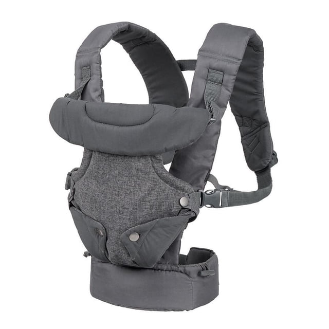 Infantino Flip Advanced 4-in-1 Convertible Carrier in grey with padded adjustable shoulder straps, ergonomic seat designed for optimal hip positioning, and supportive waist belt for babies 8 to 32 lbs, shown in a front 3/4 view on a white background.