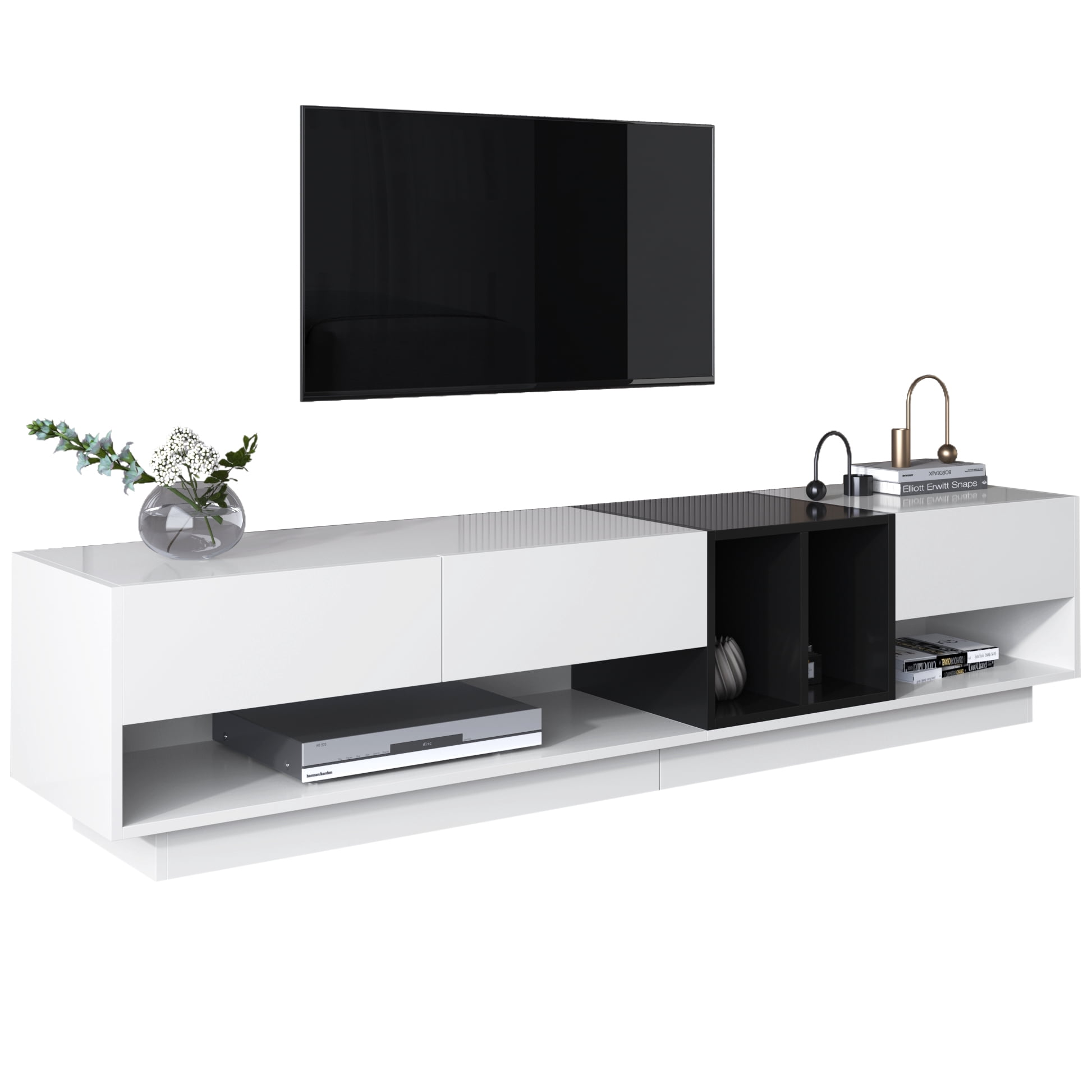 Noble House Meuble TV & Bas, Blanc Brillant & Noir à Blocs de Couleur, Rangement Multiple avec Tiroirs & Compartiments
