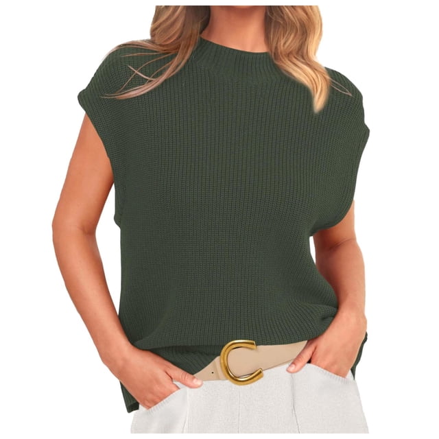 Womens Mock Neck Sleeveless Sweater Vest - Lightweight Ribbed Knit, Casual Summer Short Cap Sleeve Pullover Tank Tops - Versatile for Daily & Work Occasions