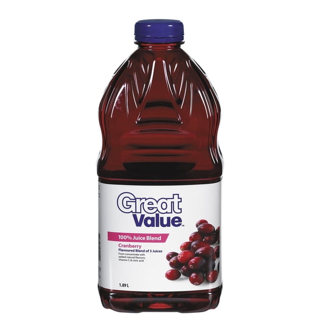 Great Value Mélange de Jus de Canneberge 100 % dans une Bouteille en Plastique Translucide Rouge de 1,89 L avec Bouchon à Vis Bleu, Présentant une Étiquette Blanche avec le Nom de la Marque, l'Image de Canneberge et les Détails du Produit, Mélange de Jus à Base de Concentré avec des Arômes Naturels, Souvent Utilisé Surgelé avec des Baies Fraîches pour Plus de Saveur.