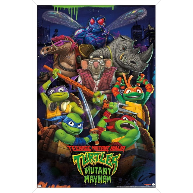 Teenage Mutant Ninja Turtles: Mutant Mayhem - Affiche Murale de Groupe, 22,375 Pouces x 34 Pouces, Représentant les Quatre Tortues Ninja - Leonardo avec Masque Bleu et katana, Donatello avec Masque Violet et Bâton de bo, Michelangelo avec Masque orange et Sai - aux Côté de mentor Splinter et des Méchants Bebop, Rocksteady, et une Grande Mouche Bleue aux Yeux Rouges, contre un Paysage Urbain Sombre avec des Gouttes de Peinture Vertes, Imprimée sur Papier d'Affiche Lustré, Conven