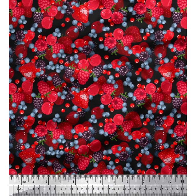 Soimoi Cotton Voile Fabric Raspberry,Strawberry & Cherry Fruits Print Sewing Fabric Yard 42 Inch Wide