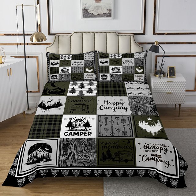 YST Kids Happy Camping Quilt Bedding Set Queen,Rustic Rv Camper Bedspread for Bunks Travel Trailer,Green Buffalo Plaid Patchwork Quilts Set Pine Tree Deer Christmas Coverlet Set