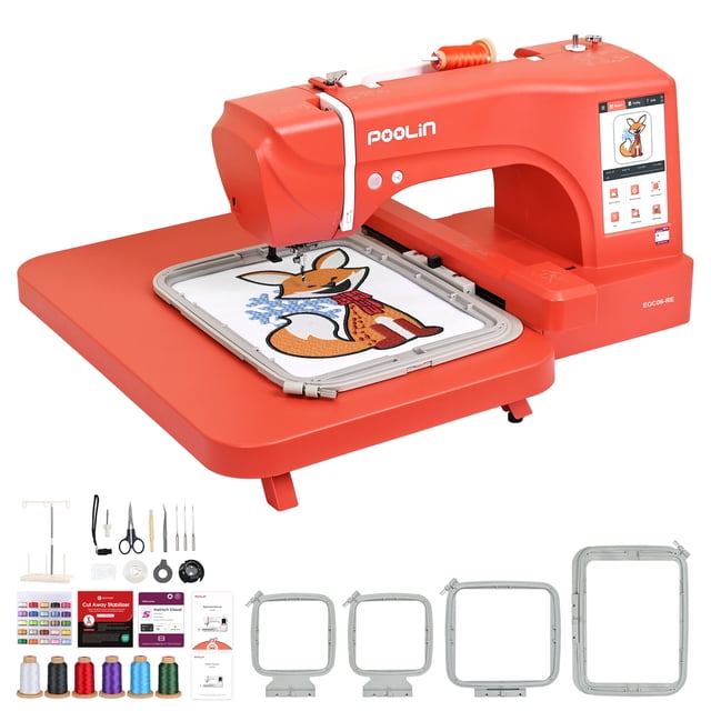 Poolin EOC06RE Machine à Broder de Grande Surface – Écran Tactile de 7,9 X 11′′, 7′′, Wi-Fi, Prise en Charge DST/DSB, Vue avant Trois Quarts de la Machine à Broder Rouge avec Écran Tactile Couleur de 7 Pouces Affichant des Icônes de Motifs; Cerceau de 7,9 X 11 Pouces Monté avec Tissu et Échantillon Cousu, port USB visible et Cerceaux Supplémentaires de 7,9 X 7,9 Pouces et 5,5 X 5,5 Pouces; Comprend