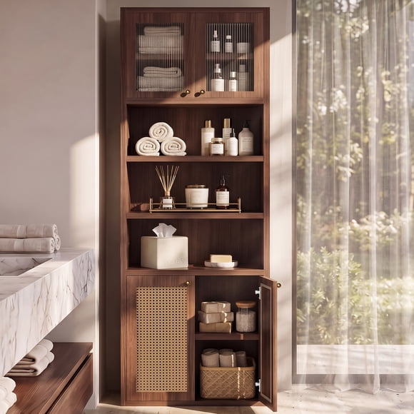 OMCHOM 71.6in Bathroom Storage Cabinet 7-Tier Freestanding Tall Organizer with with 4 Doors and 3 Drawer Shelves, Sturdy Multi-Bathroom Cabinet for for Bathroom Laundry Room, Walnut