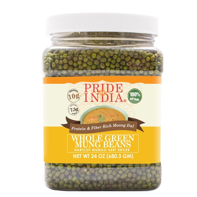 Pride Of India - Gramme Mung Vert Entier Indien dans un Pot de 1,5 Livre. le Pot Présente une Vue Claire des Haricots Mung Verts à l'Intérieur, avec un Couvercle Blanc et une Étiquette Vibrante Mettant en Valeur des Faits Nutritifs Tels Que 10 Grammes de Protéines et 7,5 Grammes de Fibres Alimentaires par Portion. l'Étiquette Met Également l'Accent sur Ses Qualités Naturelles, Sans OGM, Sans Gluten, Véganes et Sans BPA. Idéal pour le Rangement de Haricots Séchés