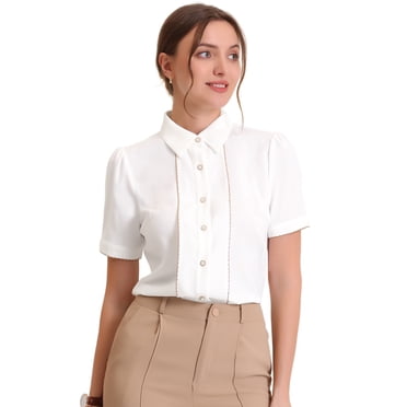 INSPIRE CHIC Chemise Boutonnée pour Femme à Col, Bordure Contrastante, Manches Courtes Bouffantes, Blouse, Très Petit, Blanc