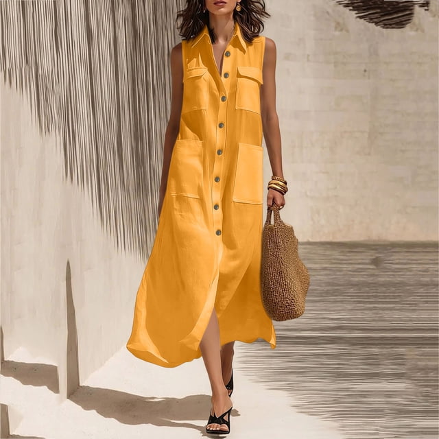 XiYing Robes d'Été pour Femmes, Robe Longue Décontractée d'Été pour Femme à Col en V Sans Manches, Maxi Fluide avec Boutons devant et Poches pour Vacances à la Plage, Coupe Ample,