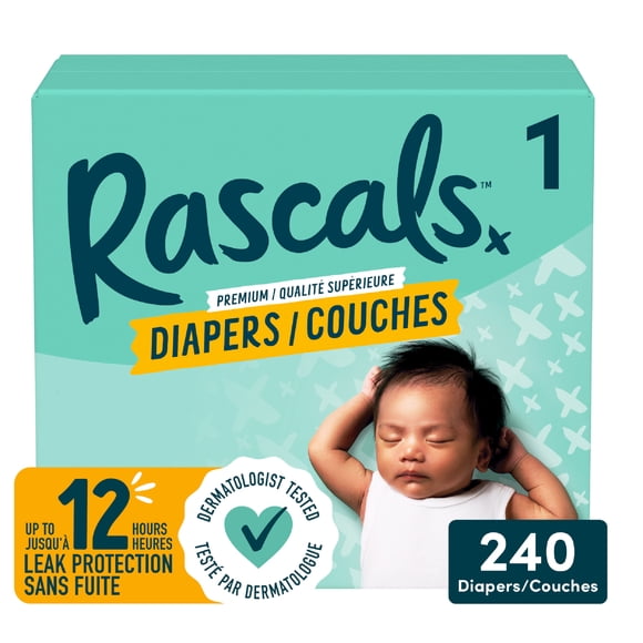 Rascals Premium Absorbent Baby Diapers, Size 1, Carton, 240 Count