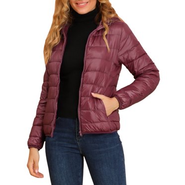 INSPIRE CHIC Women's Puffer Jacket Stand Collar Lightweight Hooded Zip Up Jacket XL Burgundy