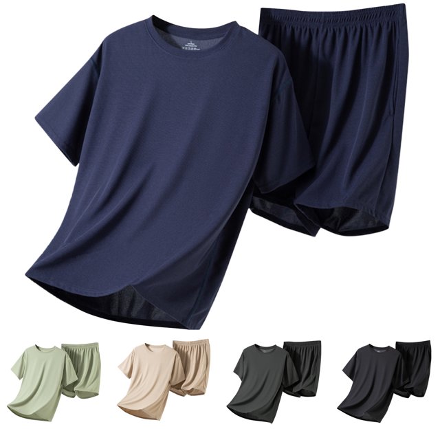 JDQJBZ Men's Lightweight Pajama Set Short Sleeve Loose Fit Sleep Shorts Loungewear