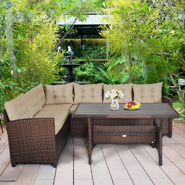 Gymax Ensemble de Salle à Manger en Rotin 3 Pcs avec 6 Sièges Coussinés Mobilier de Patio