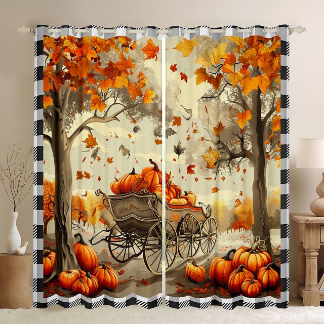 YST Rideaux Occultants Rétro Rustiques d'Automne 52"L X 84"H, Rideaux de Fenêtre Citrouilles de Récolte d'Automne Rideaux et Draperies de Ferme pour l'Action de Grâce Grilles Rideaux Campagne Feuille d'Érable 2 Panneaux
