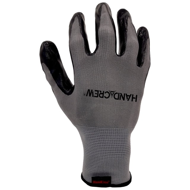 Handcrew 10 Pack Nitrile Gloves showing a single grey glove with black nitrile coating on fingers and palm, featuring the Handcrew logo on the back and a black elastic cuff with a red label, suitable for enhanced grip and protection in workwear tasks.