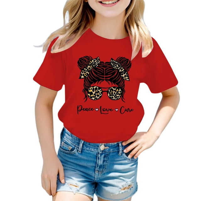 LUOGENLI T-Shirt pour Filles Enfant Filles Mignon Graphique Col Rond Manches Courtes Tee Été Décontracté T-Shirt Maxi Hauts Ensemble Boho Rouge 7-8 Ans