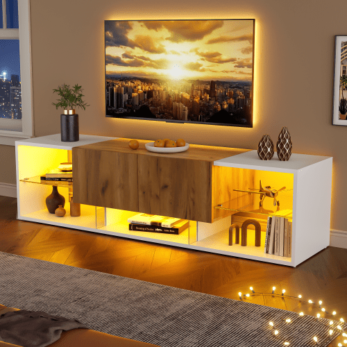 63 Inch White Natural Particle Board TV Stand, Modern 3-Tier Entertainment Center with Glass Shelves, 2 Drawers & App LED Lights for TVs Up To 70 Inch Living Room Bedroom