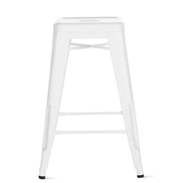 Heavenly Collection Metal Counter Stool in white, a backless, stackable metal stool with a square seat and four tapered legs reinforced by horizontal and diagonal bars, made from scratch-resistant steel suitable for indoor and outdoor kitchen or bar seating.