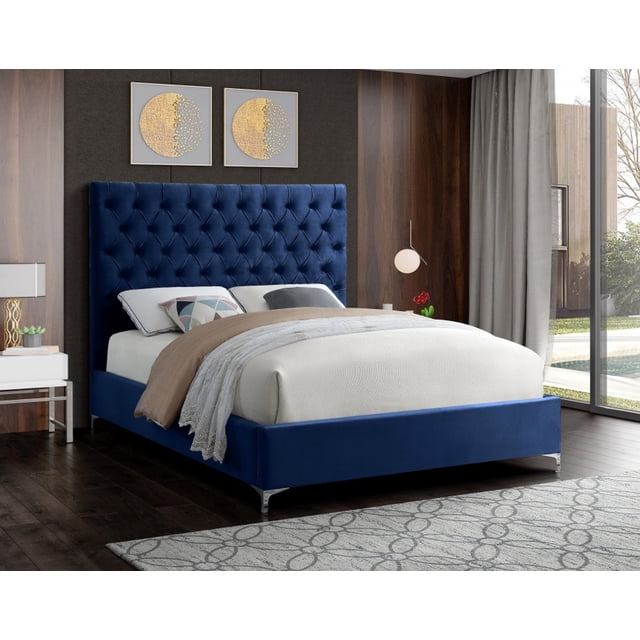 Lit en Velours Bleu avec Tête de Lit Capitonnée à Boutons Profonds - Très Grand